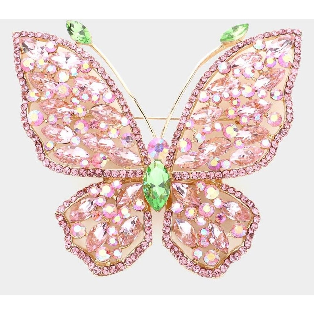Pink Crystal Butterfly Brooch Gold Tone Large Statement Pin 4 x 3.5 Inch